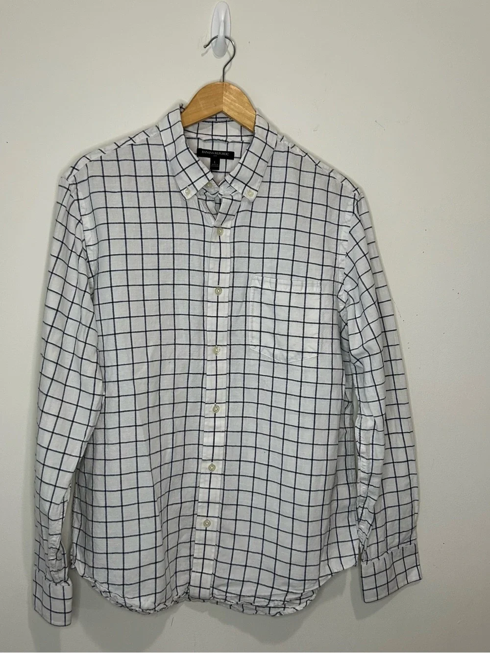 Banana Republic White Blue Windowpane Check Cotton Shirt Men's Large